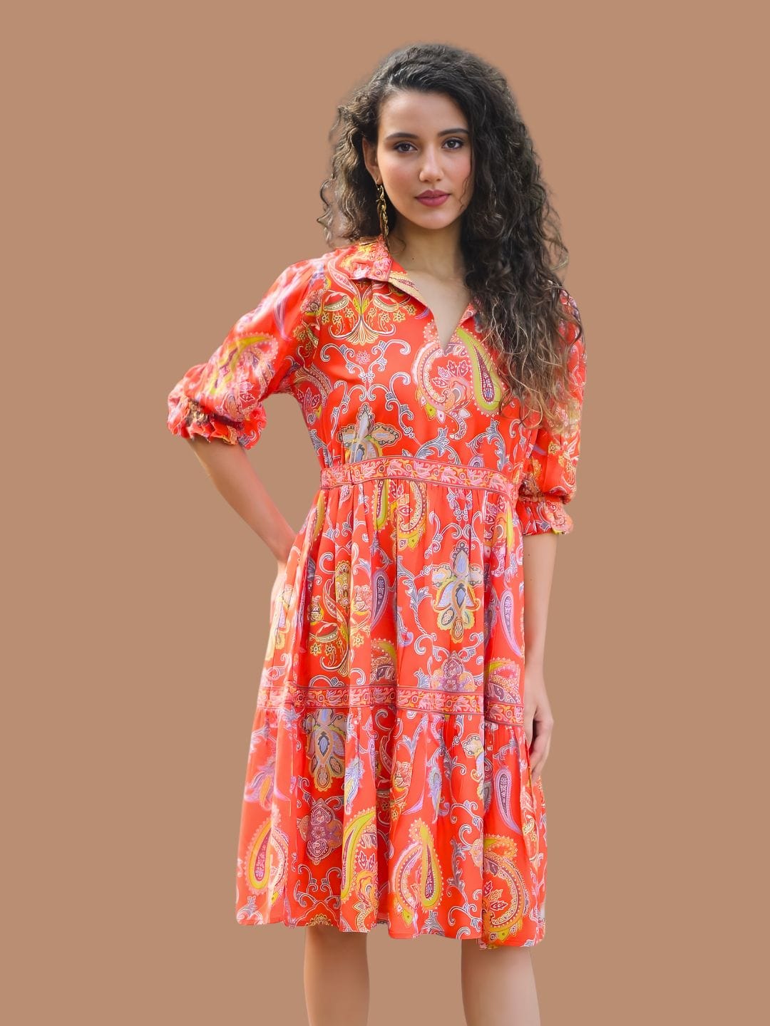 Coral Paisley Print Tiered Shirt Dress Coral Paisley St / 3X