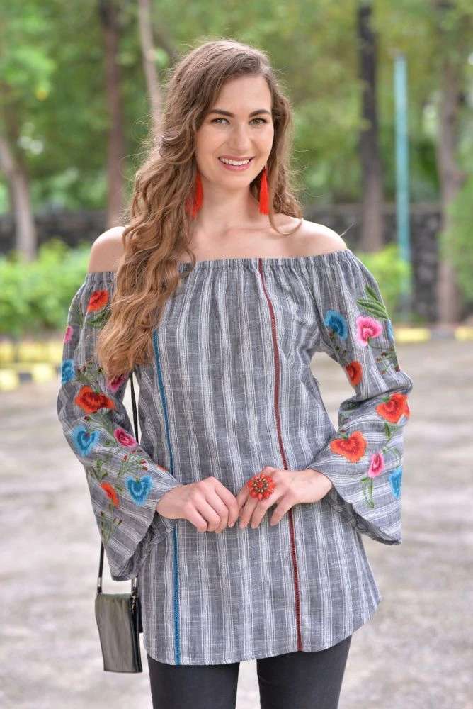 Embroidered-Sleeve Tunic Top