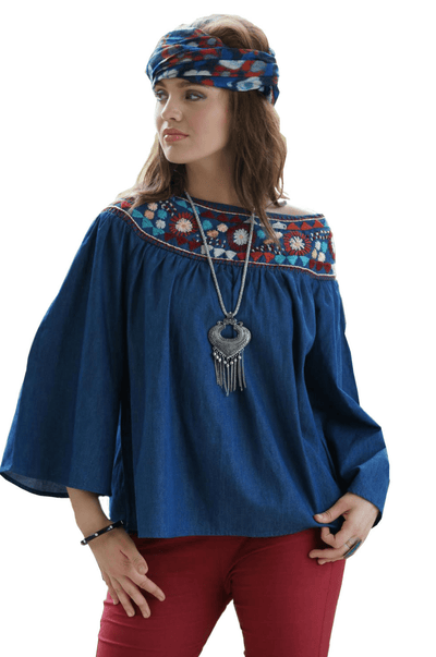 Avani Del Amour TOP Cowgirl Take Me Away Embroidered Chambray Top