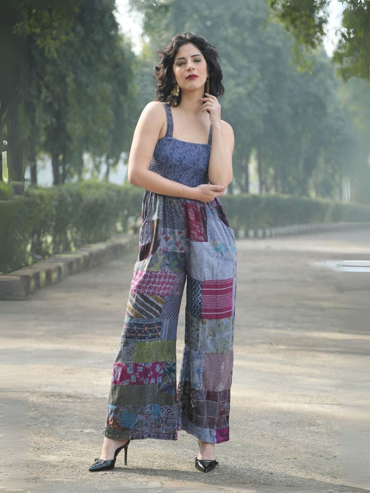 Avani Del Amour Denim Bohemian Patchwork Wide-Leg Jumpsuit
