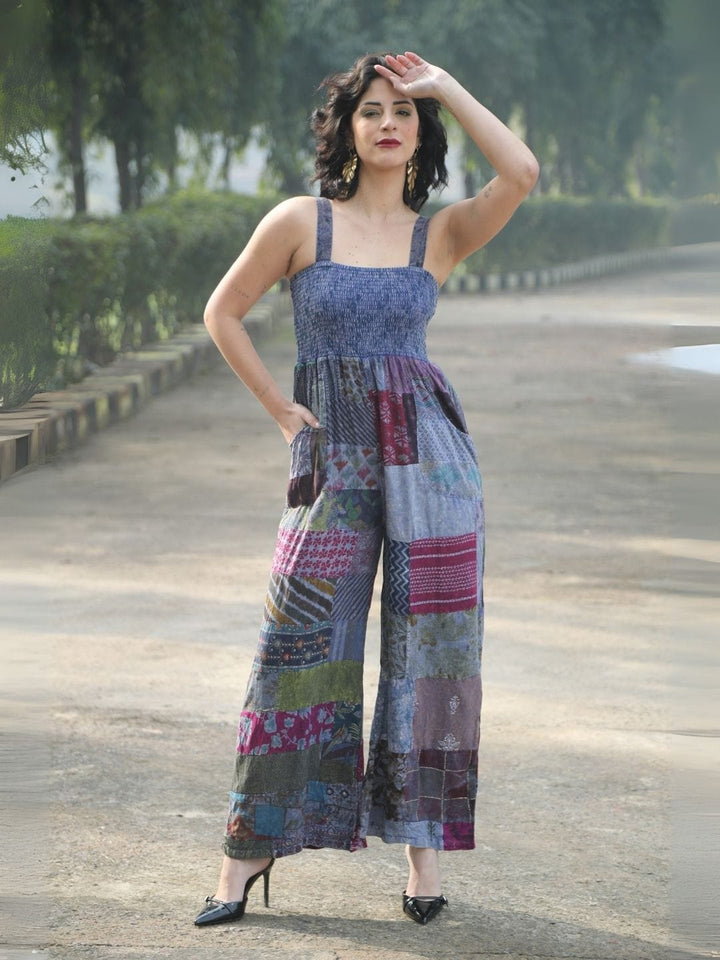 Avani Del Amour Denim Bohemian Patchwork Wide-Leg Jumpsuit