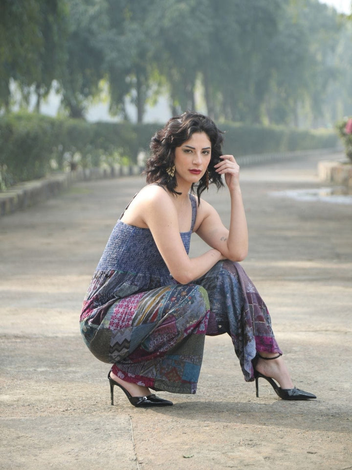 Avani Del Amour Denim Bohemian Patchwork Wide-Leg Jumpsuit