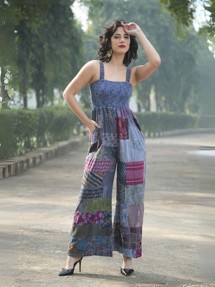 Avani Del Amour Denim Bohemian Patchwork Wide-Leg Jumpsuit