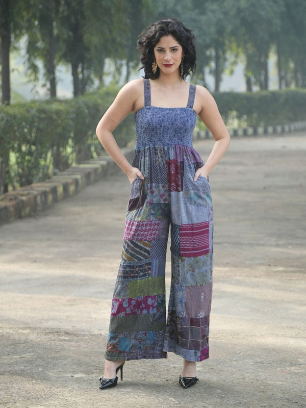 Avani Del Amour Denim Bohemian Patchwork Wide-Leg Jumpsuit
