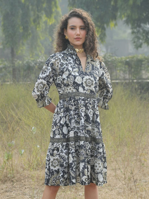 Avani Del Amour Dress Black & White Floral Print Tiered Shirt Dress