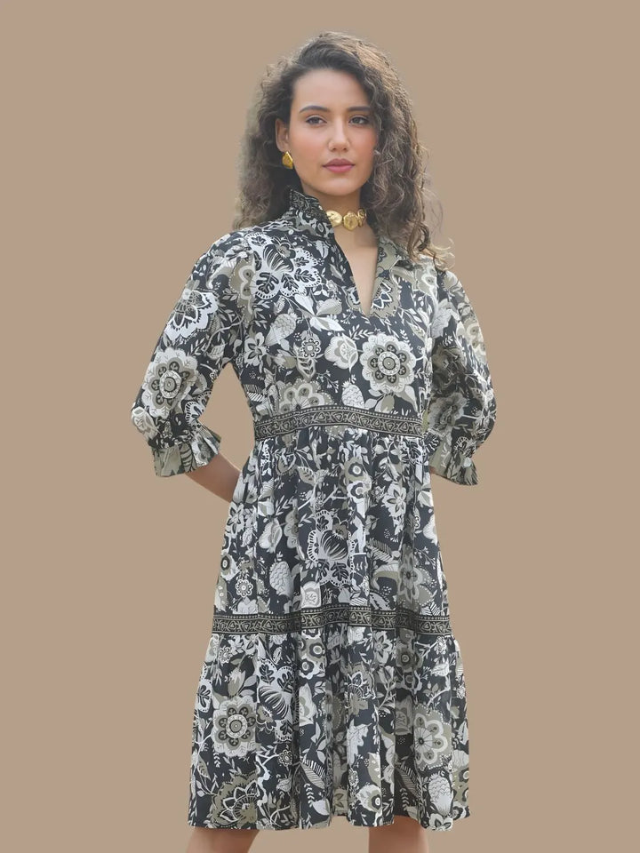 Avani Del Amour Dress Black & White Floral Print Tiered Shirt Dress