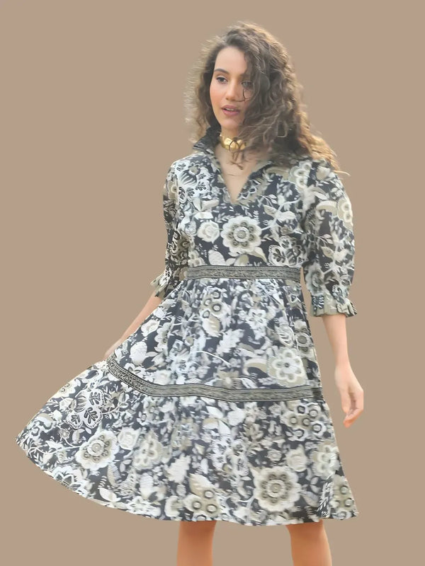 Avani Del Amour Dress Black & White Floral Print Tiered Shirt Dress