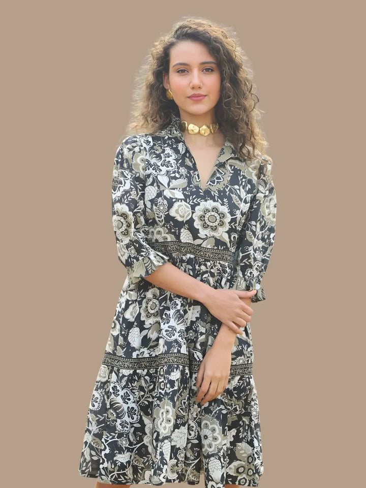 Avani Del Amour Dress Black & White Floral Print Tiered Shirt Dress