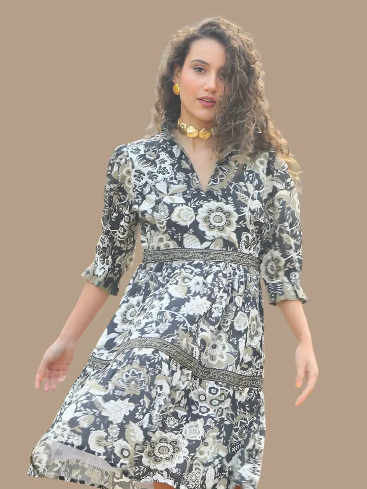 Avani Del Amour Dress Black & White Floral Print Tiered Shirt Dress