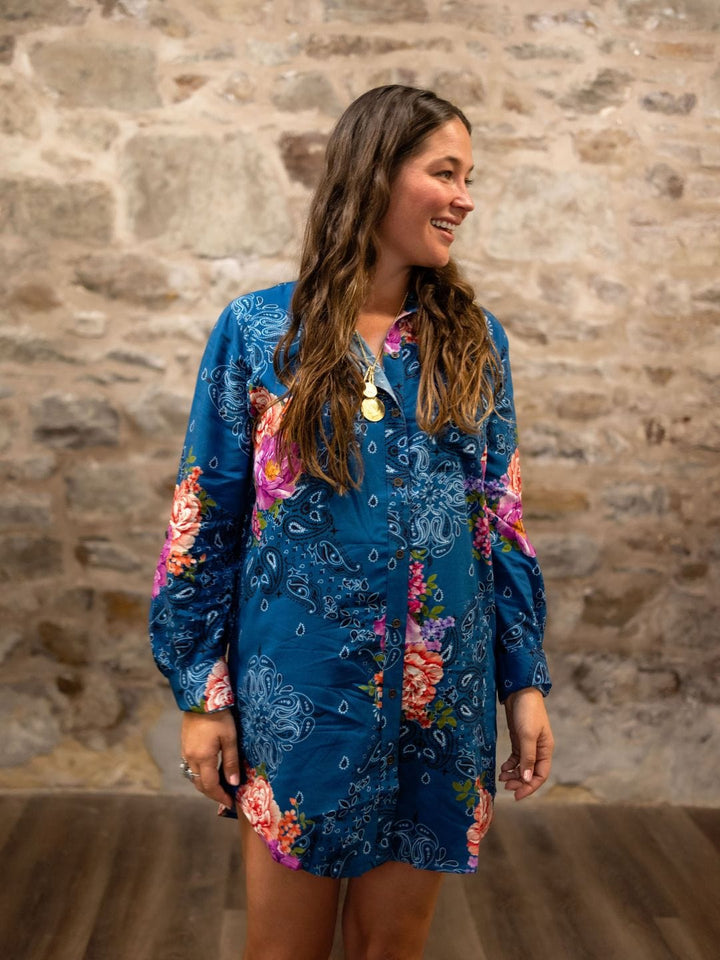BLUE Bandana Bloom Shirt Dress BLUE FLORAL Bandana / S BLUE Bandana Bloom Shirt Dress BLUE FLORAL Bandana / S