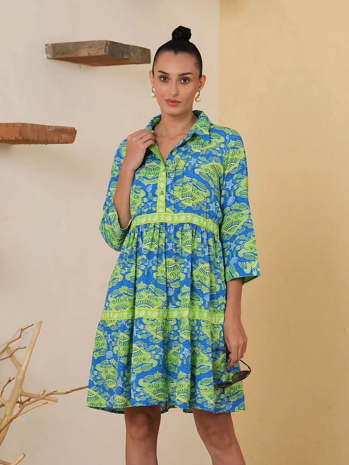 Avani Del Amour Dress Bold Tropical Print Tiered Shirt Dress – Blue & Lime