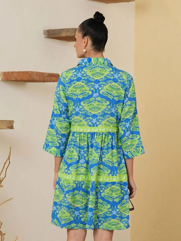 Avani Del Amour Dress Bold Tropical Print Tiered Shirt Dress – Blue & Lime
