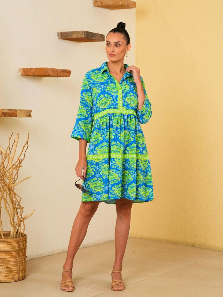 Avani Del Amour Dress Bold Tropical Print Tiered Shirt Dress – Blue & Lime
