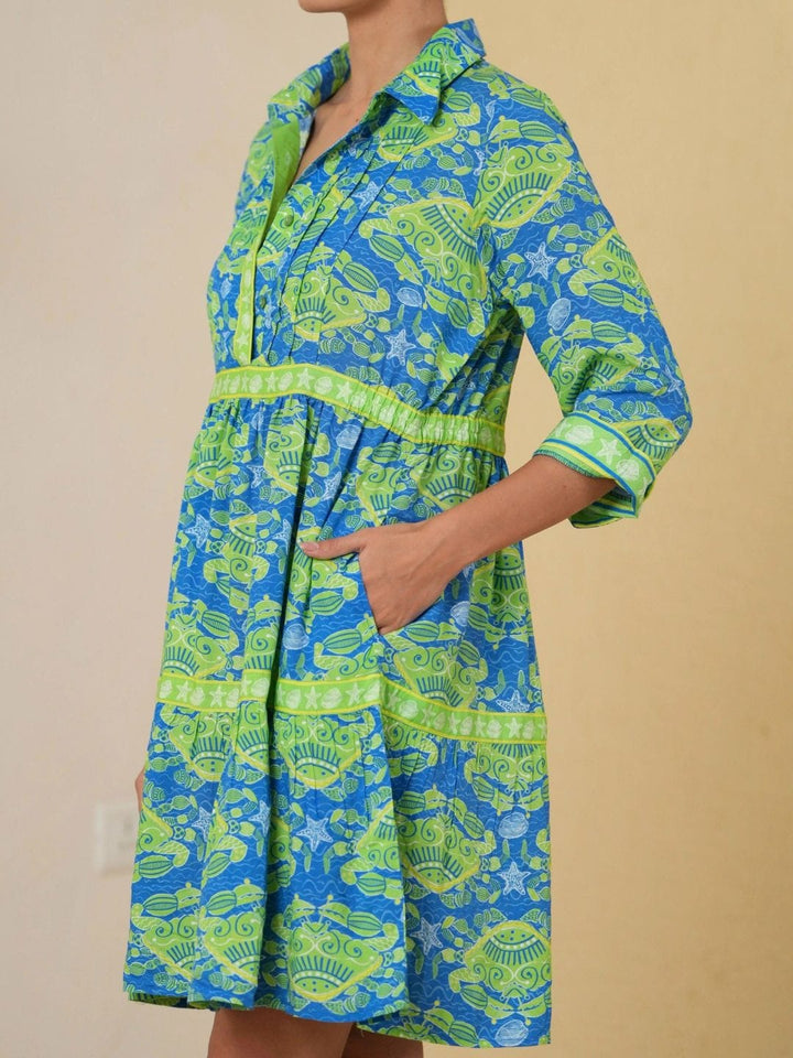 Avani Del Amour Dress Bold Tropical Print Tiered Shirt Dress – Blue & Lime