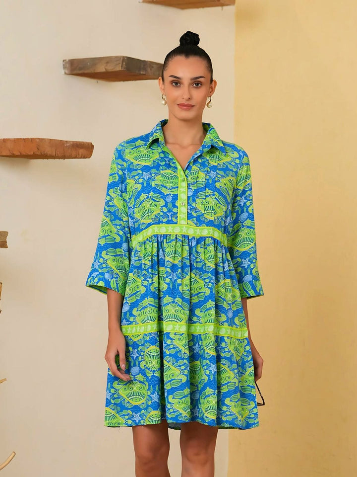 Avani Del Amour Dress Bold Tropical Print Tiered Shirt Dress – Blue & Lime