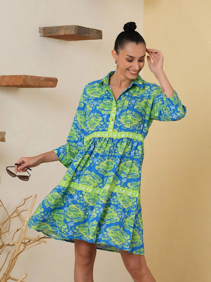 Avani Del Amour Dress Bold Tropical Print Tiered Shirt Dress – Blue & Lime