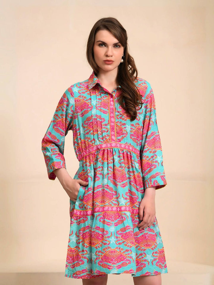 Avani Del Amour Dress Bold Tropical Print Tiered Shirt Dress – Turquoise & Pink