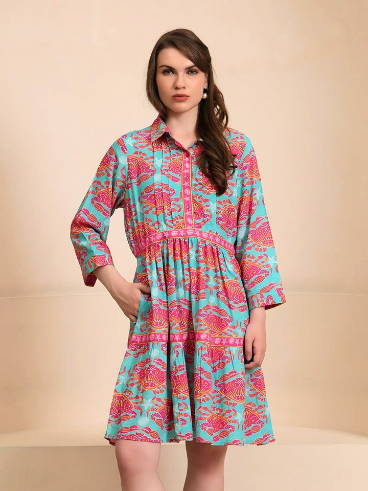 Avani Del Amour Dress Bold Tropical Print Tiered Shirt Dress – Turquoise & Pink