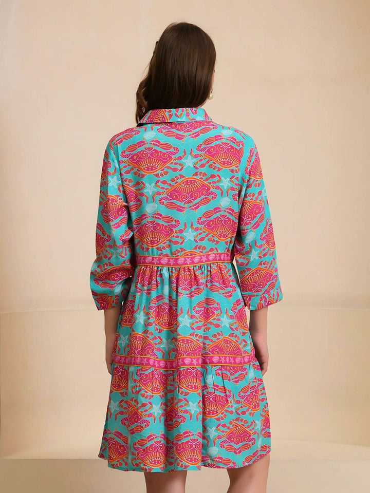Avani Del Amour Dress Bold Tropical Print Tiered Shirt Dress – Turquoise & Pink