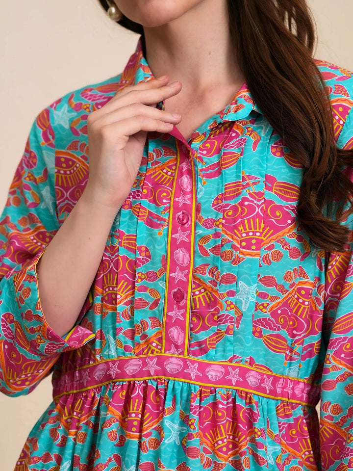Avani Del Amour Dress Bold Tropical Print Tiered Shirt Dress – Turquoise & Pink