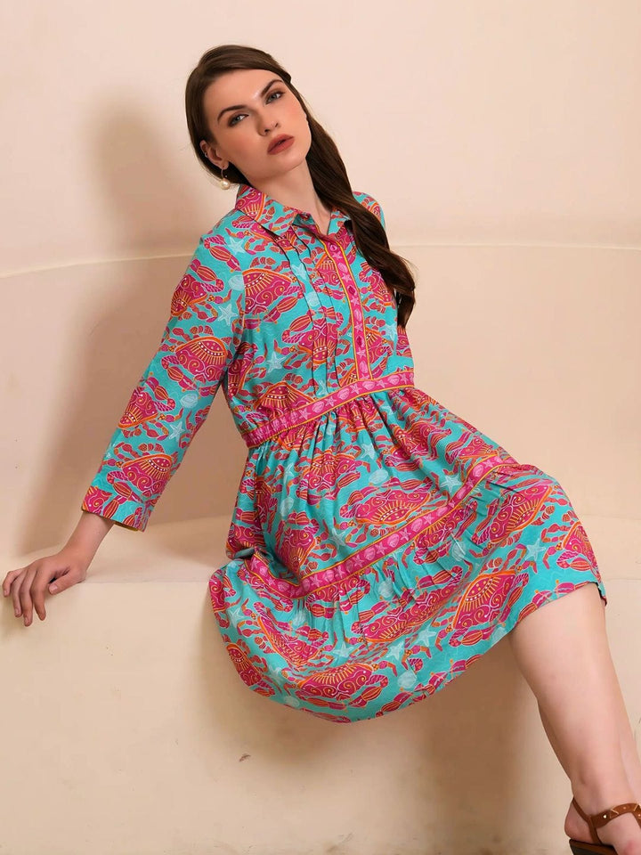Avani Del Amour Dress Bold Tropical Print Tiered Shirt Dress – Turquoise & Pink
