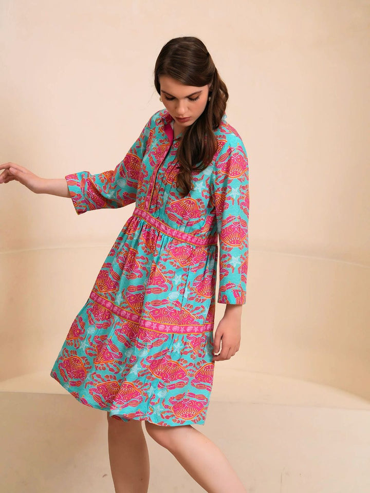 Avani Del Amour Dress Bold Tropical Print Tiered Shirt Dress – Turquoise & Pink