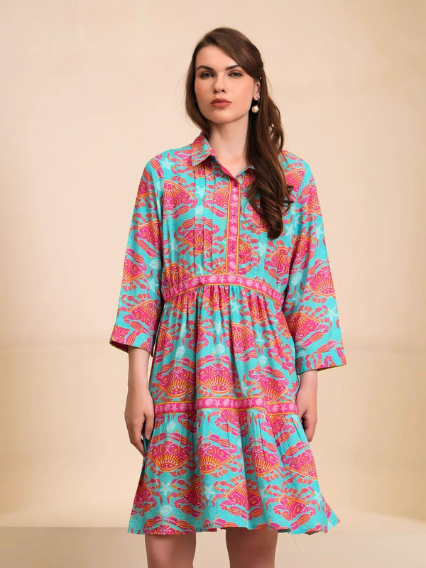 Avani Del Amour Dress Bold Tropical Print Tiered Shirt Dress – Turquoise & Pink