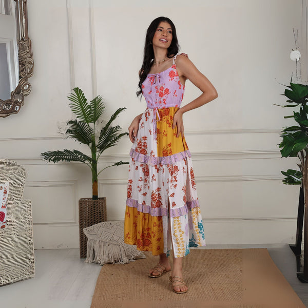 Avani Del Amour Dress Color Blocked Floral Maxi Tiered Dress