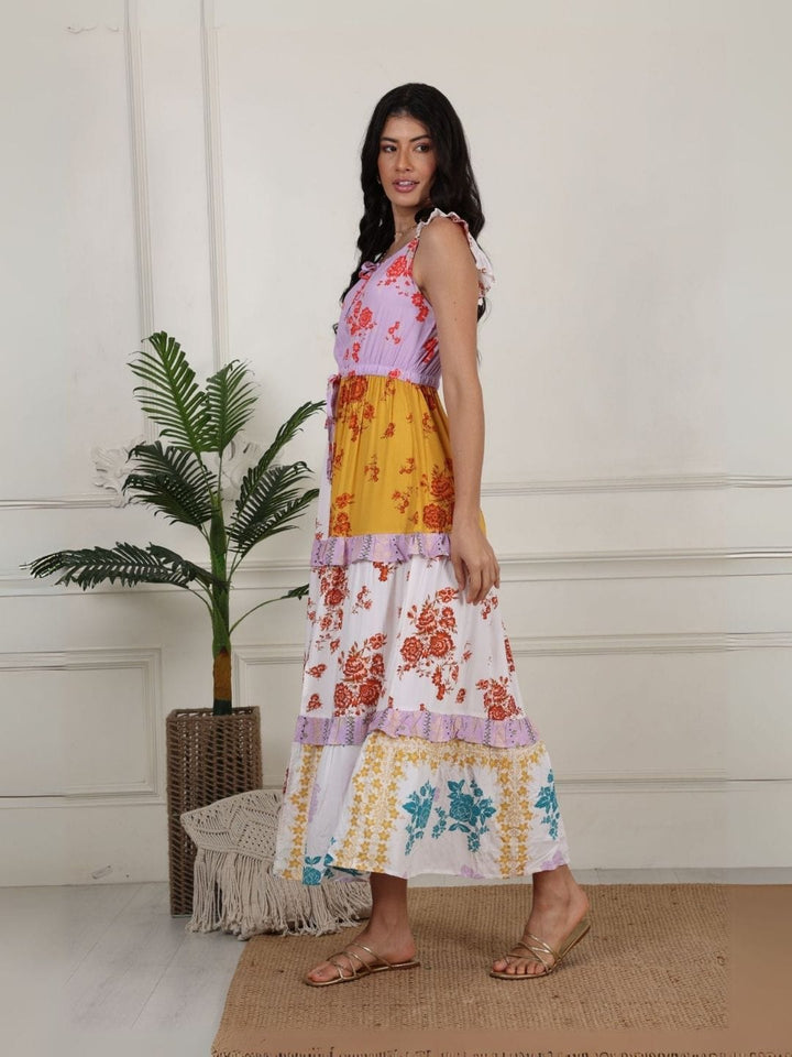 Avani Del Amour Dress Color Blocked Floral Maxi Tiered Dress