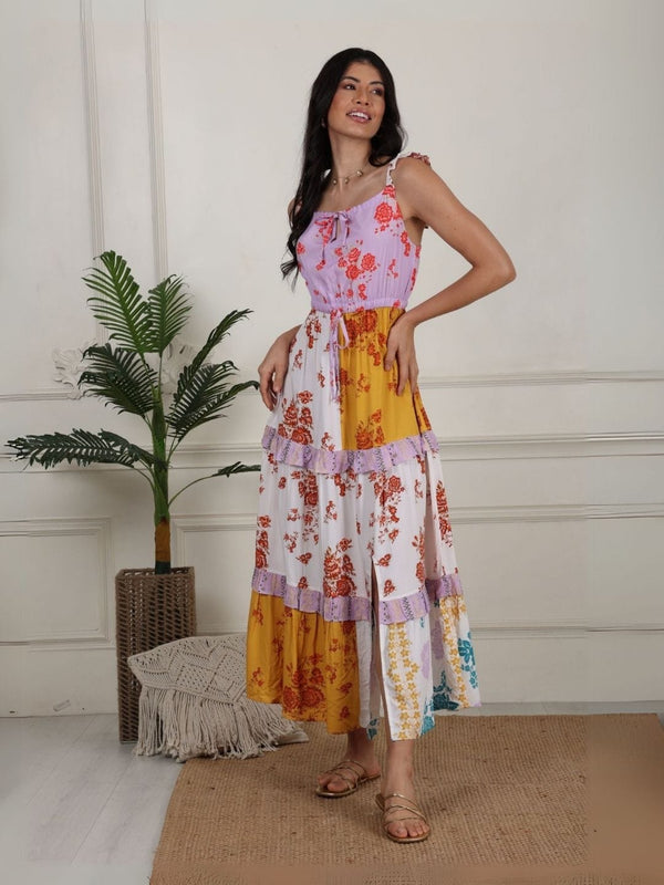 Avani Del Amour Dress Color Blocked Floral Maxi Tiered Dress