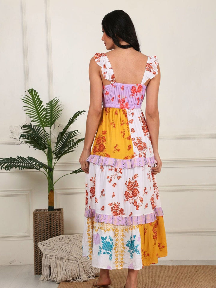 Avani Del Amour Dress Color Blocked Floral Maxi Tiered Dress
