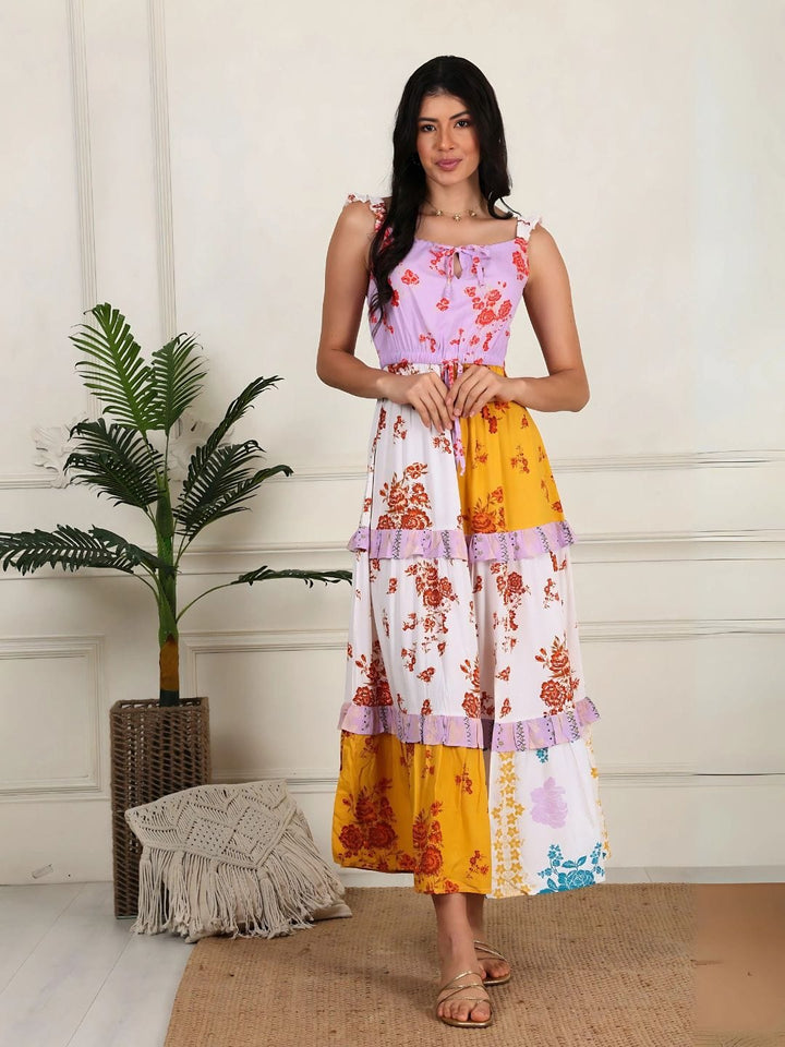 Avani Del Amour Dress Color Blocked Floral Maxi Tiered Dress