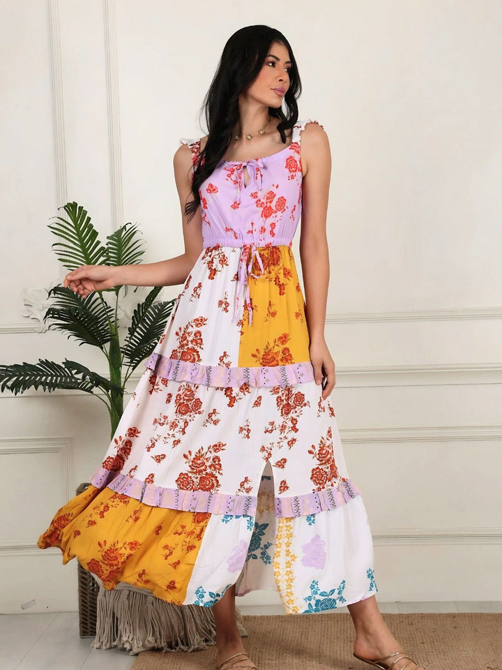 Avani Del Amour Dress Color Blocked Floral Maxi Tiered Dress