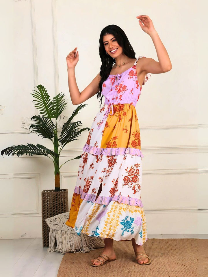 Avani Del Amour Dress Color Blocked Floral Maxi Tiered Dress