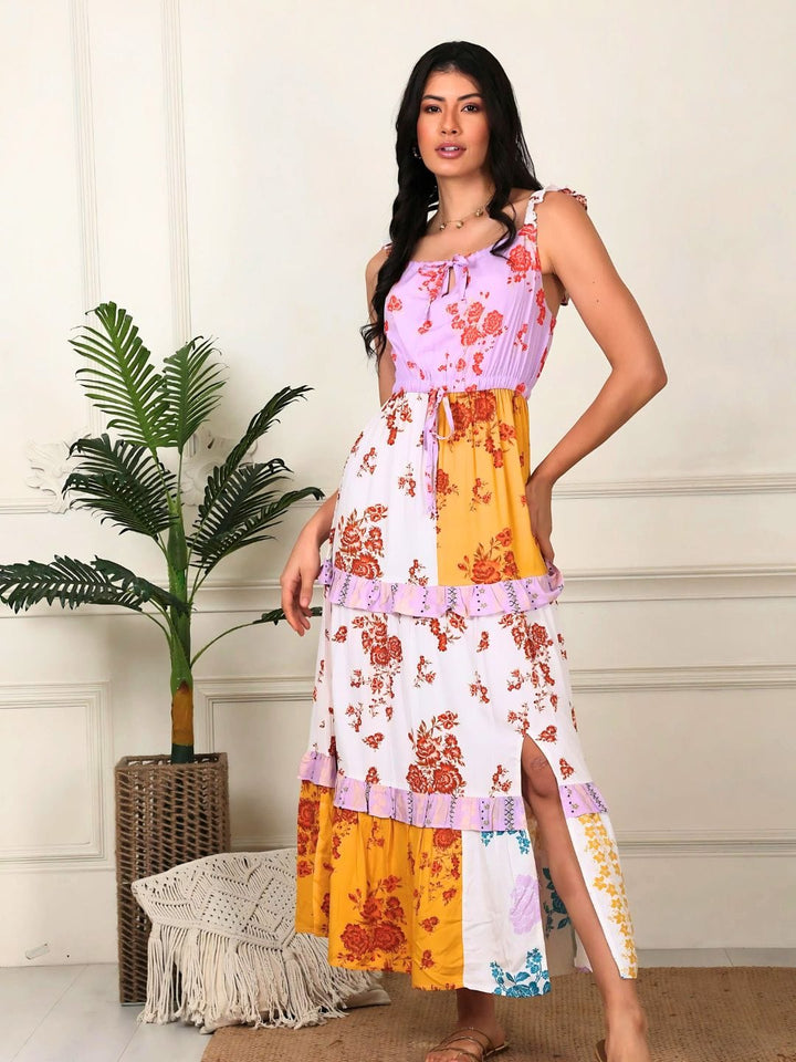 Avani Del Amour Dress Color Blocked Floral Maxi Tiered Dress