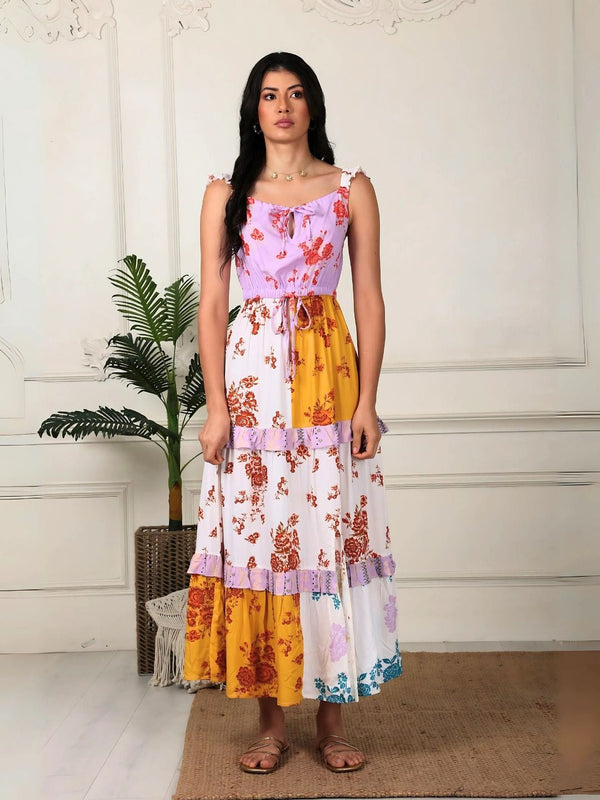 Avani Del Amour Dress Color Blocked Floral Maxi Tiered Dress