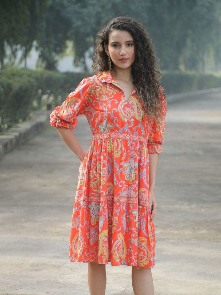 Avani Del Amour Dress Coral Paisley Print Tiered Shirt Dress