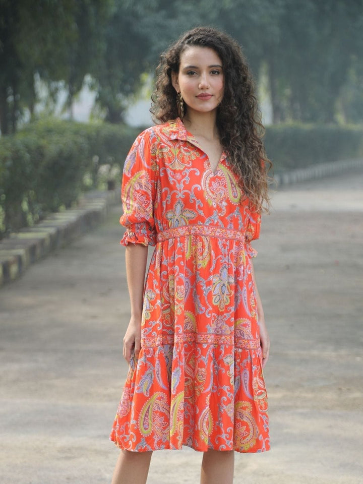 Avani Del Amour Dress Coral Paisley Print Tiered Shirt Dress