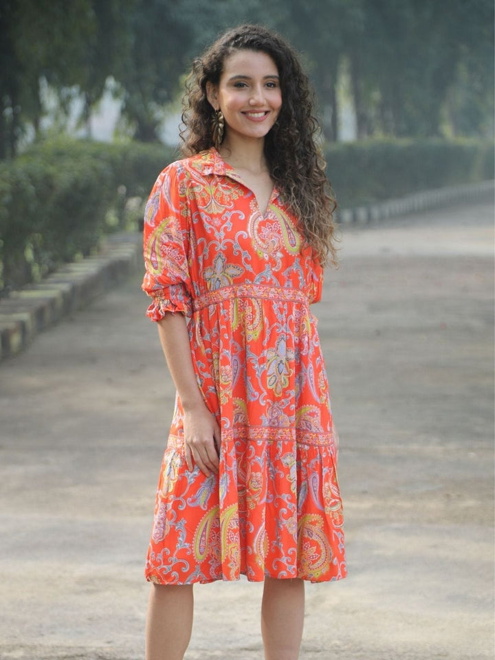 Avani Del Amour Dress Coral Paisley Print Tiered Shirt Dress