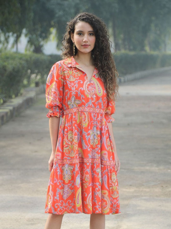 Avani Del Amour Dress Coral Paisley Print Tiered Shirt Dress