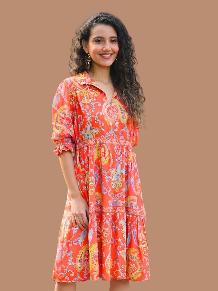 Avani Del Amour Dress Coral Paisley Print Tiered Shirt Dress