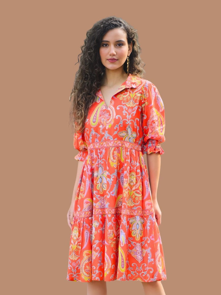 Avani Del Amour Dress Coral Paisley Print Tiered Shirt Dress