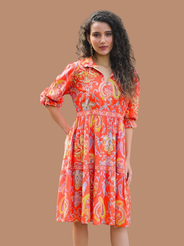 Avani Del Amour Dress Coral Paisley Print Tiered Shirt Dress