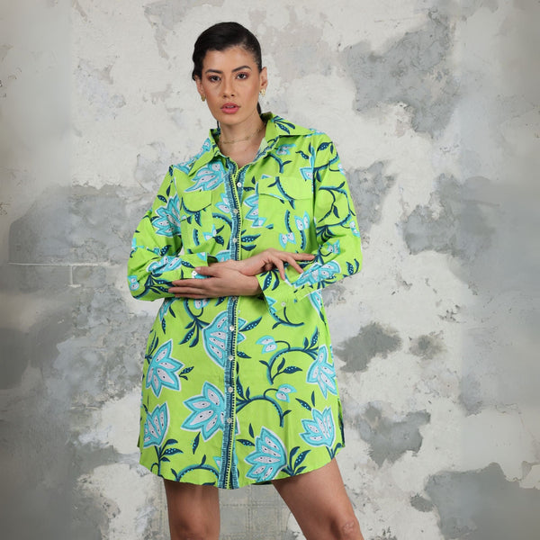 Avani Del Amour Dress Dancing Lime Green Flower Long Sleeve Shirt Dress