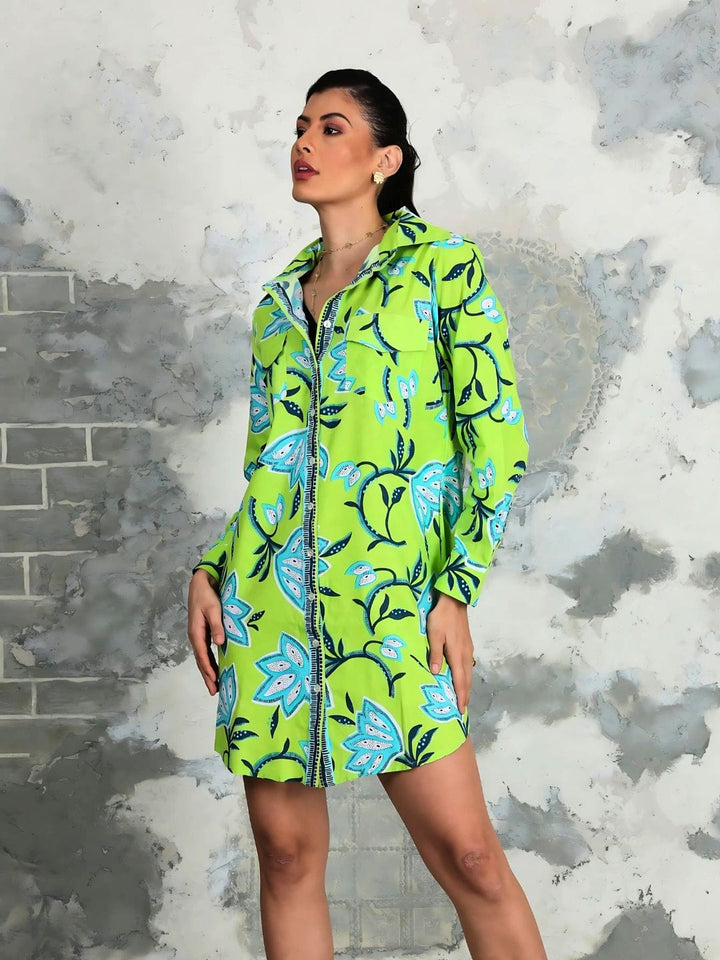 Avani Del Amour Dress Dancing Lime Green Flower Long Sleeve Shirt Dress
