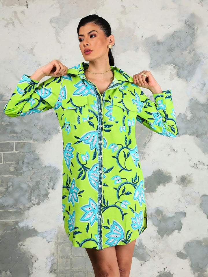 Avani Del Amour Dress Dancing Lime Green Flower Long Sleeve Shirt Dress
