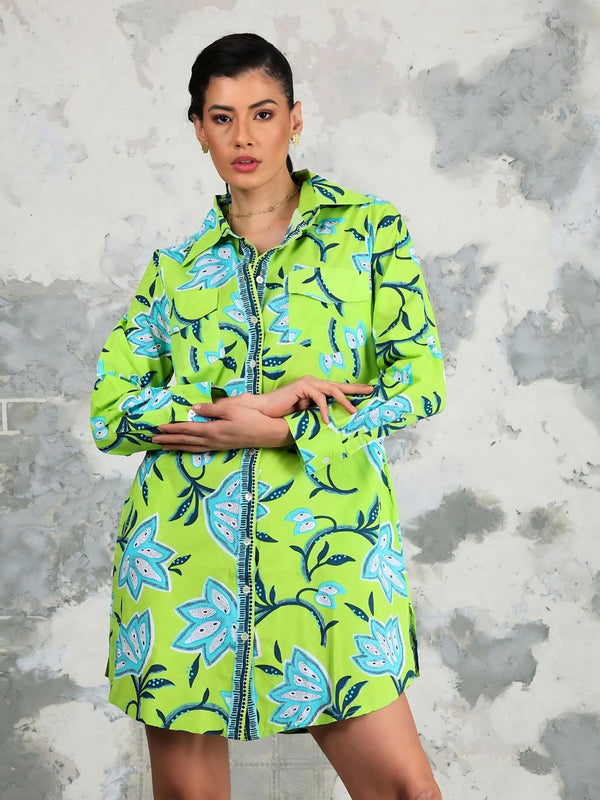 Avani Del Amour Dress Dancing Lime Green Flower Long Sleeve Shirt Dress