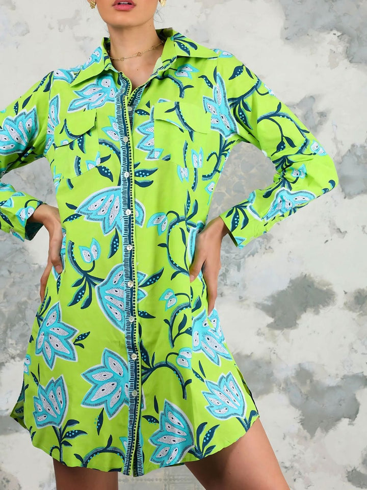 Avani Del Amour Dress Dancing Lime Green Flower Long Sleeve Shirt Dress