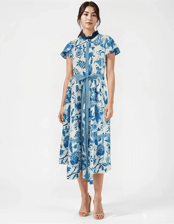 Avani Del Amour Dress Elegant Blue Garden Delight Belted Shirt Dress