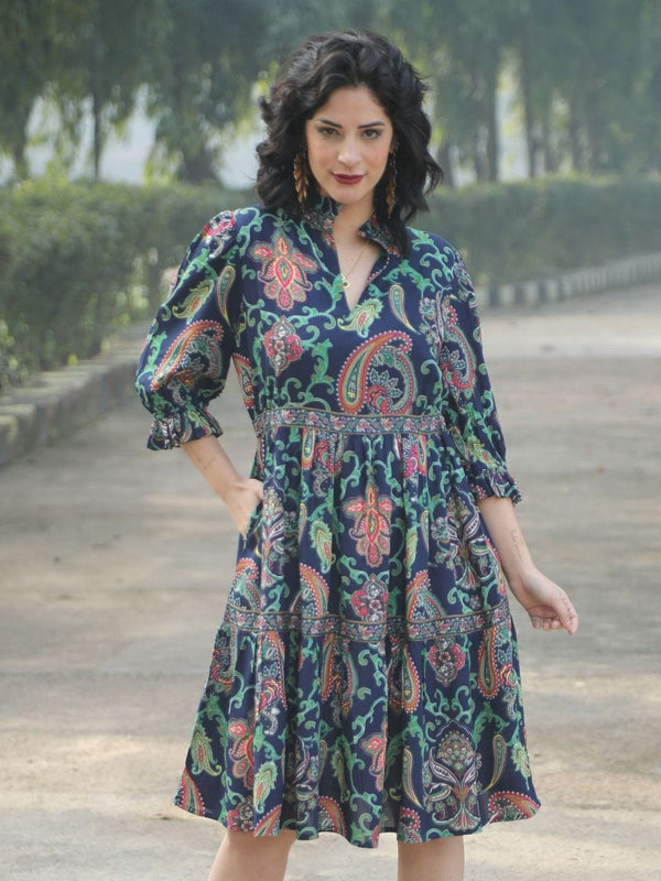 Avani Del Amour Dress Navy Blue Paisley Print Tiered Shirt Dress